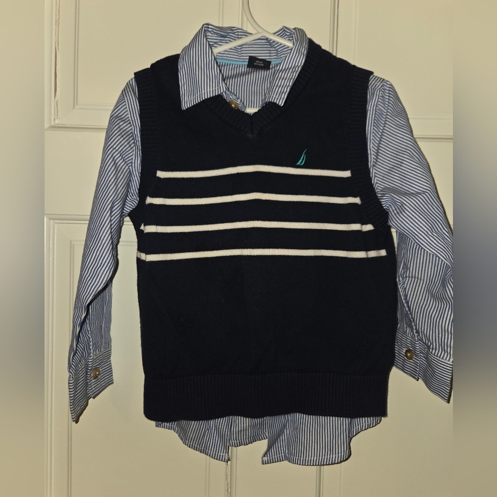 Like New! Nautica Navy and White Kids Shirt & Vest Combo, 3T